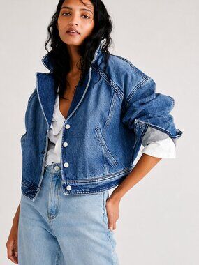 Free People Now or Never Denim Jacket Round Collar Button Front Size S NWT